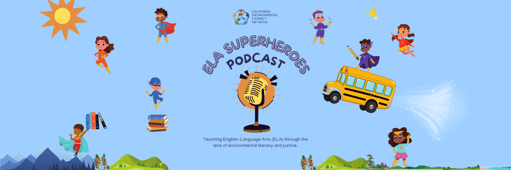 ela superheroes podcast, graphics of superhero kids learning